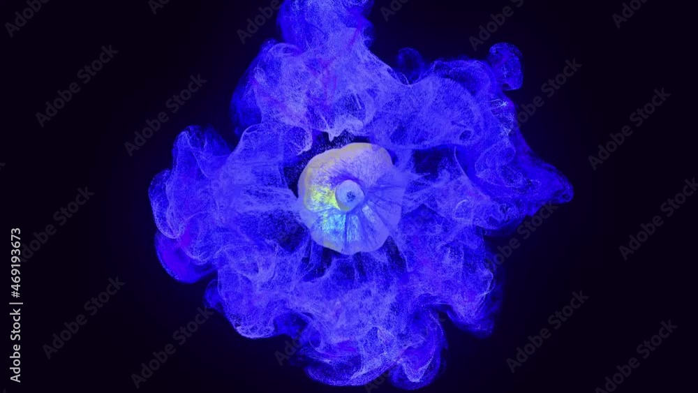 Poster shockwaves. glow particles spread in camera like ink effect. emitter ball emit swirl of glow particl