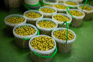 Ripe olives in plastic containers. High quality photo