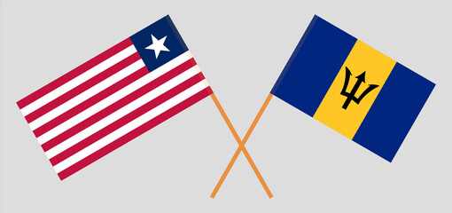 Crossed flags of Liberia and Barbados. Official colors. Correct proportion