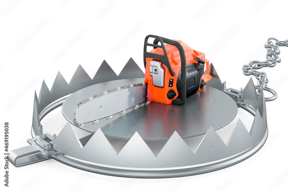 Poster bear trap with chainsaw, 3d rendering