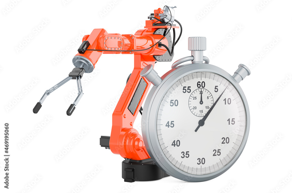 Poster robotic arm with stopwatch, 3d rendering