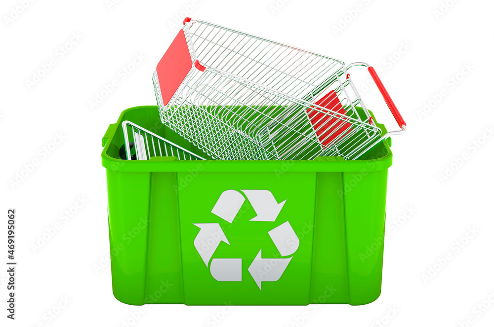 Poster recycling trash can with shopping trolley. 3d rendering