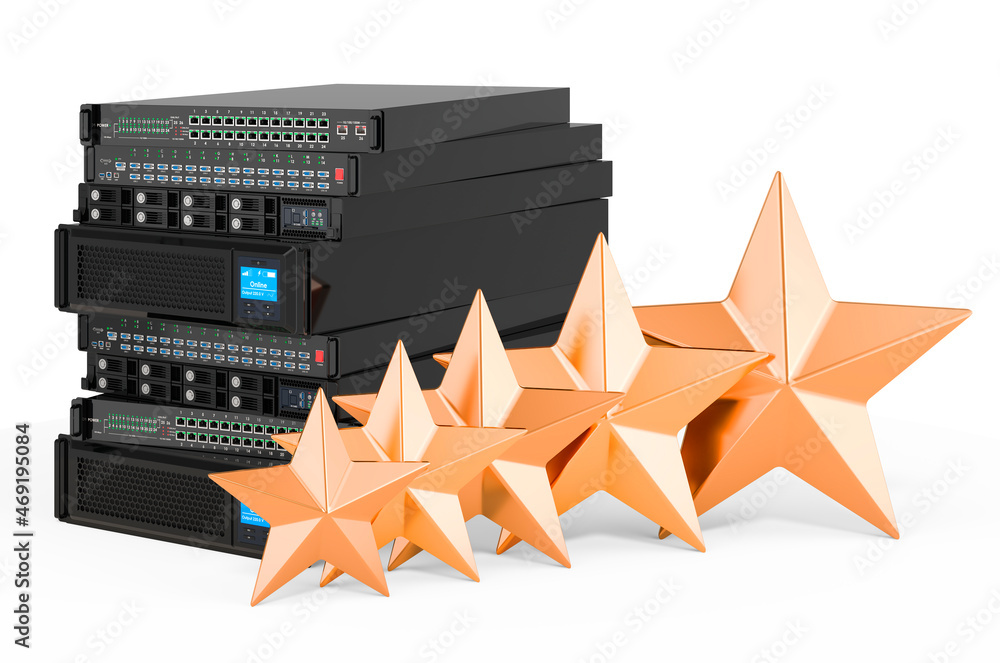 Poster server computer equipment with five golden stars. customer rating of server equipment. 3d rendering