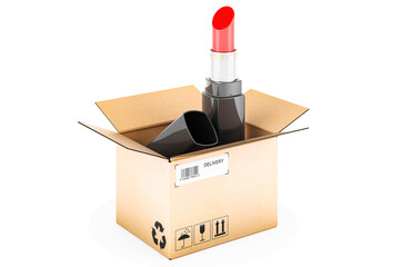 Lipstick inside cardboard box, delivery concept. 3D rendering