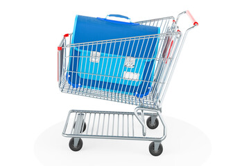 Shopping cart with school bag, 3D rendering