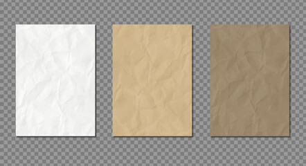 Fototapeta premium Crumpled paper set vector background. Realistic textured recycled paper collection. White and brown pages isolated on transparent background