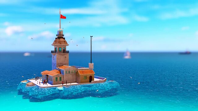 View of the Maiden's Tower or Leander's Tower also known as Kız Kulesi. Sunny summer day in Istanbul. Panorama of Bosporus, Turkey. 3D Animation.