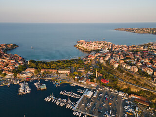 Fototapeta premium Aerial sunset view of old town and port of Sozopol, Bulgaria