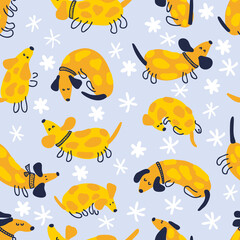 Doodle winter seamless pattern with spotted dachshunds and snowflakes. Perfect for T-shirt, postcard, textile and print. Hand drawn vector illustration for decor and design.
