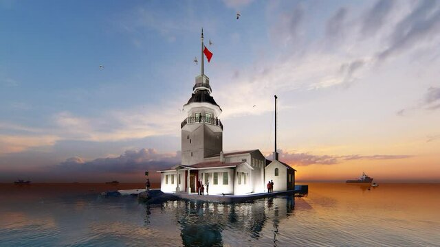 View of the Maiden's Tower or Leander's Tower also known as Kız Kulesi. Sunset sky, Sunny summer  day in Istanbul. Panorama of Bosporus, Turkey. 3D Animation.