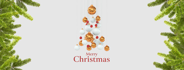merry christmas écrit sur fond gris clair avec boules de Noël qui forment un sapin