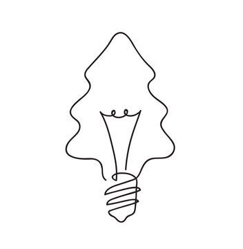 Tree shape lightbulb. New Year Concept. Continuous line art drawing. Hand drawn doodle vector illustration in a continuous line. Line art decorative design