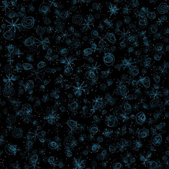 Hand Drawn Snowflakes Christmas Seamless Pattern. Subtle Flying Snow Flakes on chalk snowflakes Background. Awesome chalk handdrawn snow overlay. Dazzling holiday season decoration.