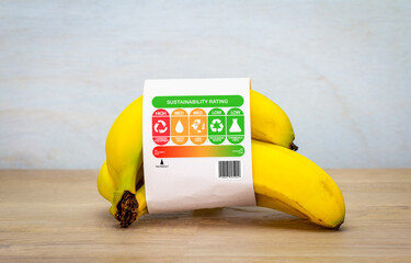 consumer food sustainability label on bananas with product rating for sustainable food ethical concept
