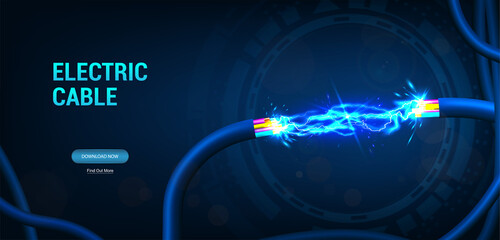 Electric cable background with sparks and bare wires. Realistic 3D illustration. Fiber optic cable for communication technology and connecting element. Wiring with electric spark. Vector banner