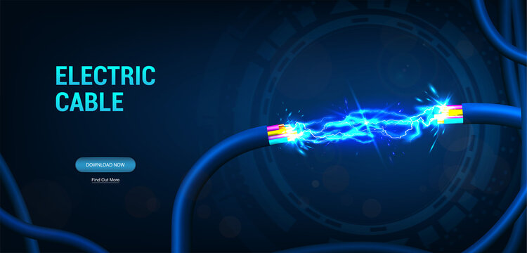 Electric cable background with sparks and bare wires. Realistic 3D illustration. Fiber optic cable for communication technology and connecting element. Wiring with electric spark. Vector banner