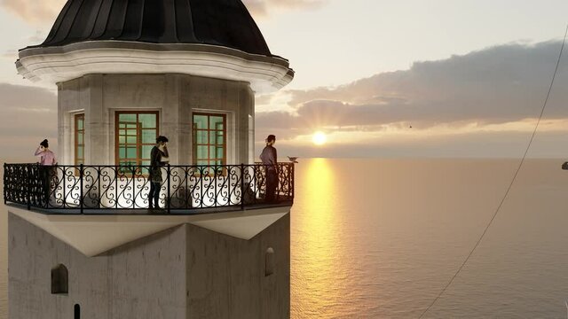 View of the Maiden's Tower or Leander's Tower also known as Kız Kulesi. Sunset sky, Sunny summer  day in Istanbul. Panorama of Bosporus, Turkey. 3D Animation.