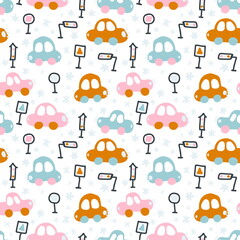 Hand drawn winter seamless pattern of cars in snowfall. Perfect for T-shirt, textile and prints. Cartoon style illustration for decor and design.