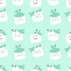 Halloween seamless pattern with pumpkins in witch hats. Perfect for T-shirt, textile and prints. Hand drawn illustration for decor and design.