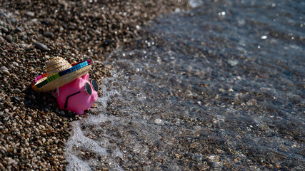 Piggy bank in sunglasses and a sombrero on a pebble beach. Rest at the sea.