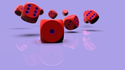 Rolling red-purple dices under purple plane background. 3D CG. 3D illustration. 3D high quality rendering.