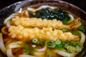 Close up top view, Tempura Udon noodle soup.