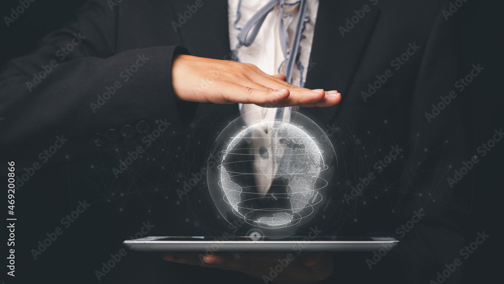 Aufkleber global network concept, businesswoman hand holding digital tablet with global network and data excha