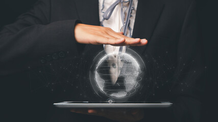 Global network concept, Businesswoman hand holding digital tablet with global network and data exchanges over the world 3D rendering..