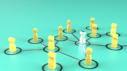 Chain of yellow human figurines connected by silver lines on green plate. Cooperation and interaction between people and employees. Dissemination of information in society, rumors. 3D illustration.