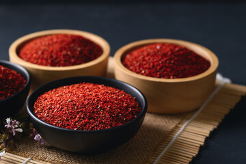 Korean red chili powder in a bowl for cooking, Chili flakes