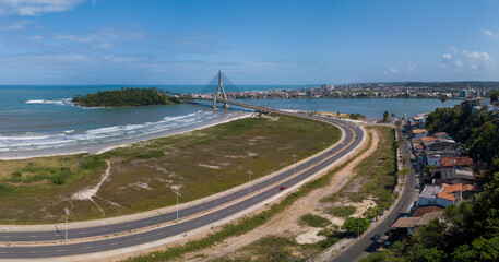 Aerial footage of Ilh&eacute;us, Bahia with the new Ilh&eacute;us-Pontal cable-stayed bridge in the background