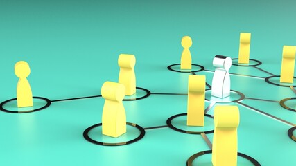 Chain of yellow human figurines connected by silver lines on green plate. Cooperation and interaction between people and employees. Dissemination of information in society, rumors. 3D illustration.