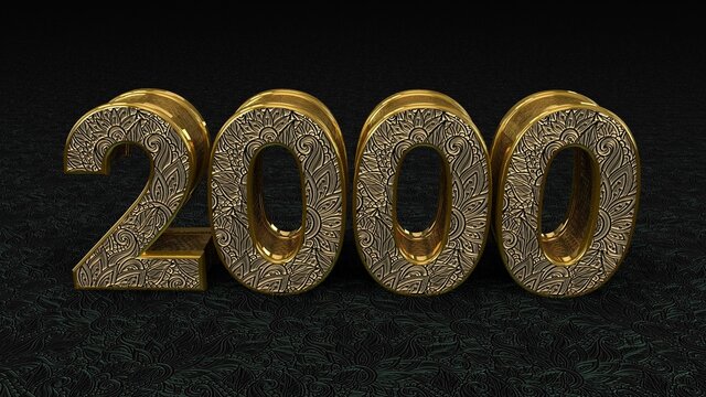 Number 2000 Luxury Gold Shiny Floral Metal Style Standing On Dark Green Floral Metal Floor 3D Rendering
