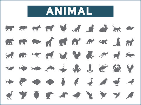Set of animal and Pet line style. It contains such as cat, dog, fish, sea creatures, tuna, seafood, pork, lamb and other elements.