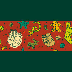 Doodle vector seamless rectangular pattern illustration. Colorful sweets on a red background. Christmas treats, cookies, honey, lollipops, fruit. Packaging paper, fabric, New Year decoration. Holidays