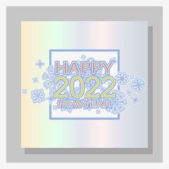 Square pearl postcard for the new year. Happy new year banner, 2022. Vector blue line art placer shining snowflakes on the background of the inscription. Rainbow spectrum, holographic effect