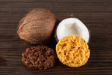 Cocada Coconut Candy on Rustic Wood Background