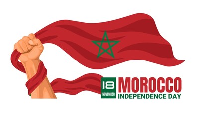 Happy Morocco independence day, celebrated every 18 November, on the background of hands holding flags, vector illustration.