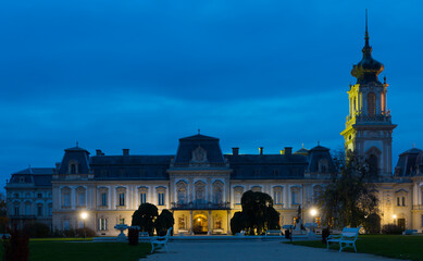 Obraz premium Night Festetics Palace is historical landmark of Keszthely in Hungary outdoors.