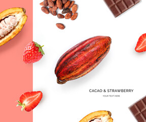 Creative layout made of strawberry and cacao beans on the white background. Flat lay. Food concept.