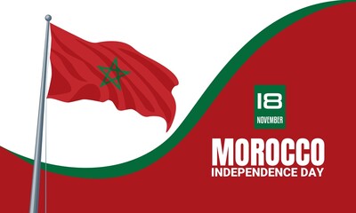 Happy Morocco independence day, celebrated every November 18th, on a flying flag background, vector illustration.