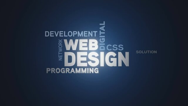 Web design kinetic typography with glossy white and light blue words on dark blue gradient background.