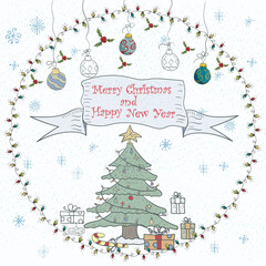 Christmas and New Year banner illustration in a circular garland ornament doodle style inscription greeting Christmas tree stands among the gifts