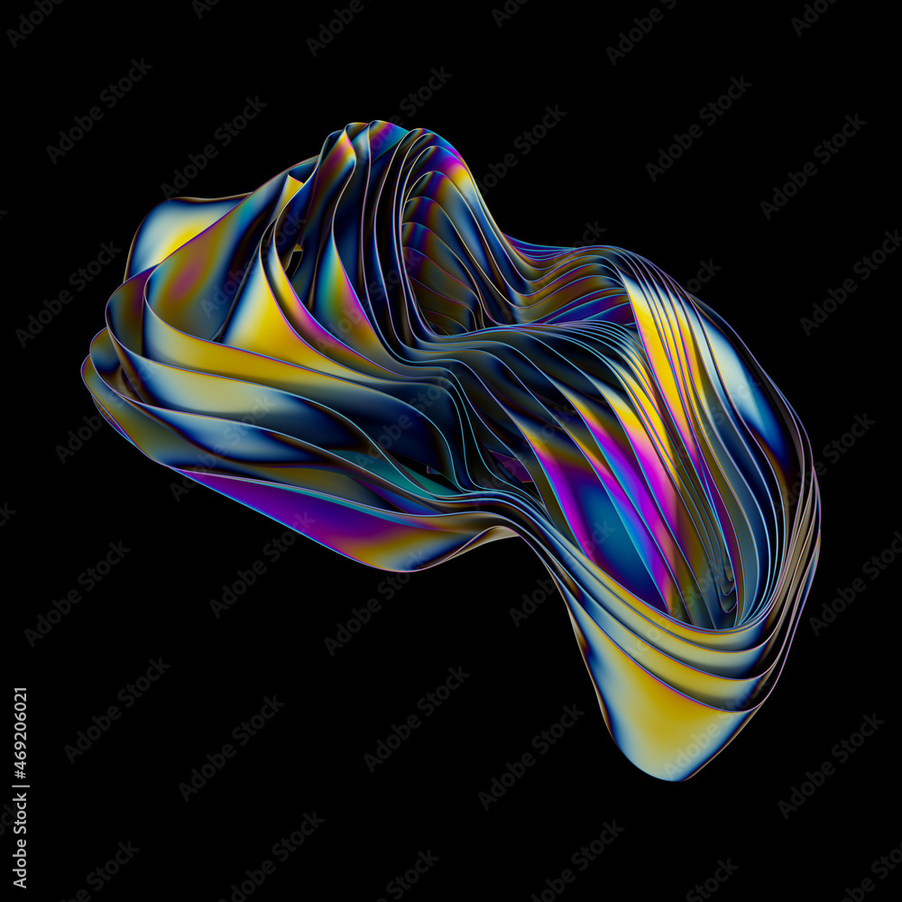 Wall mural 3d render, abstract shape with iridescent metallic foil texture, layered object isolated on black ba