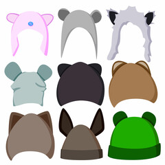 A set of nine winter hats with ears of different colors.