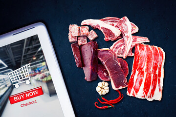 Cellphone displaying supermarket online with meats