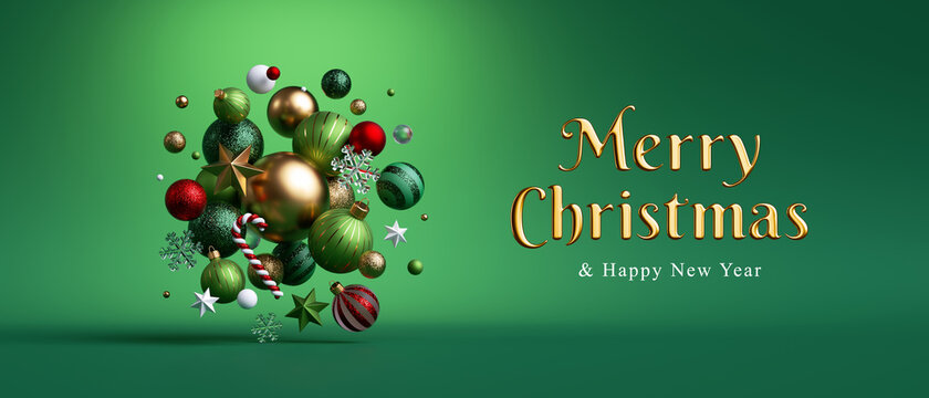 3d render, Merry Christmas greeting card with golden text and assorted glass balls ornaments, isolated on green background. Festive horizontal banner