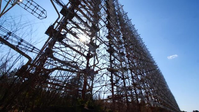 Radar Duga lens flare, large metal military equipment structure, Chernobyl