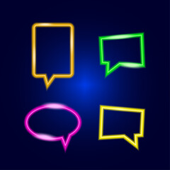 Neon chat frames icon set. Blue background. Orange rectangle. Yellow, green square. Vector illustration. Stock image. E