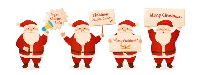 Christmas Santa Claus holding sign board or speaker. Funny character and banner merry xmas or advertisement informs about sale. Happy New Year congratulation placard. Design mockup postcard vector